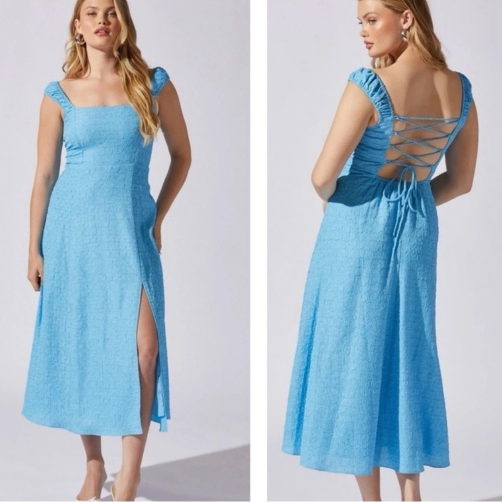 ASTR The Label Crinkle Texture Square Neck with Lace up Back Midi Dress Size XS